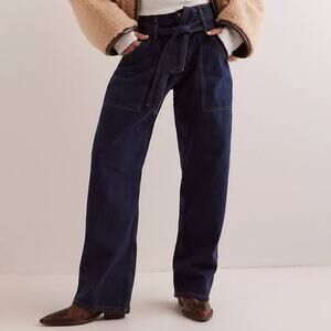 Free People Blue Jay Belted Blue Jeans